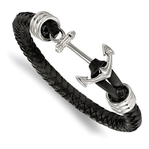 Mens Black Braided Leather Anchor Bracelet