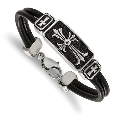 Stainless Steel Polished Antiqued Cross Black Leather Bracelet